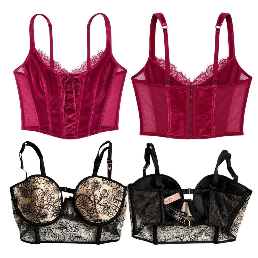 Victoria's Secret Red Velvet Corset Top/Black Long Line Balconette Bra, S